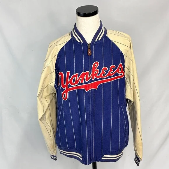Vintage Sz L New York Yankees Cooperstown Collection Jacket Blue Pinstripe Retro - Picture 1 of 9